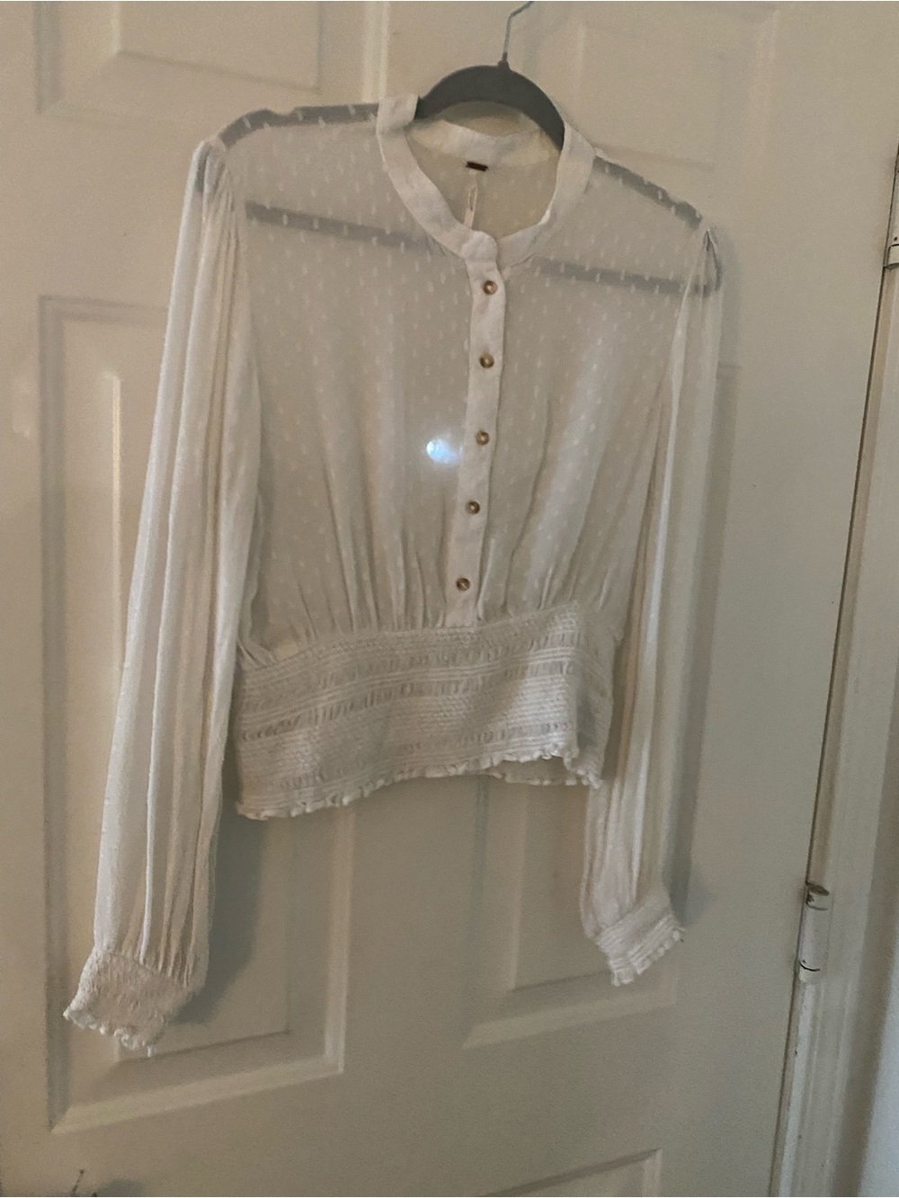 Free People White Swiss Dot Smocked-Hem Button Blouse